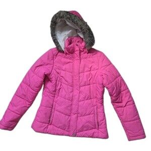 Columbia Pink Quilted Winter Jacket Removable Faux Fur Hood Womens M GUC